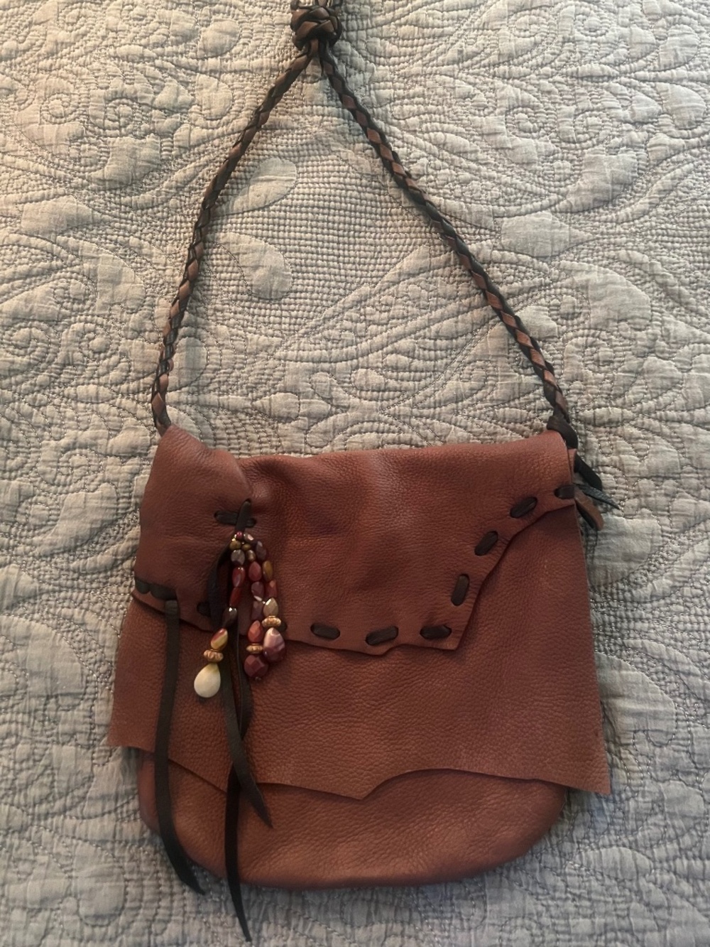 Erda Handmade Brown Deerskin Leather Bag with Natural Stone Trim Stitched Detail